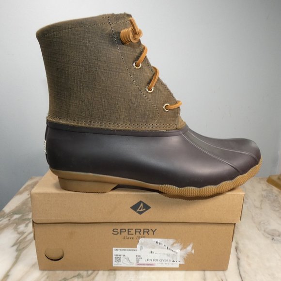 NiB Sperry Women's Ebossed Saltwater Boots, Brown/Olive, 9.5 - Picture 4 of 11